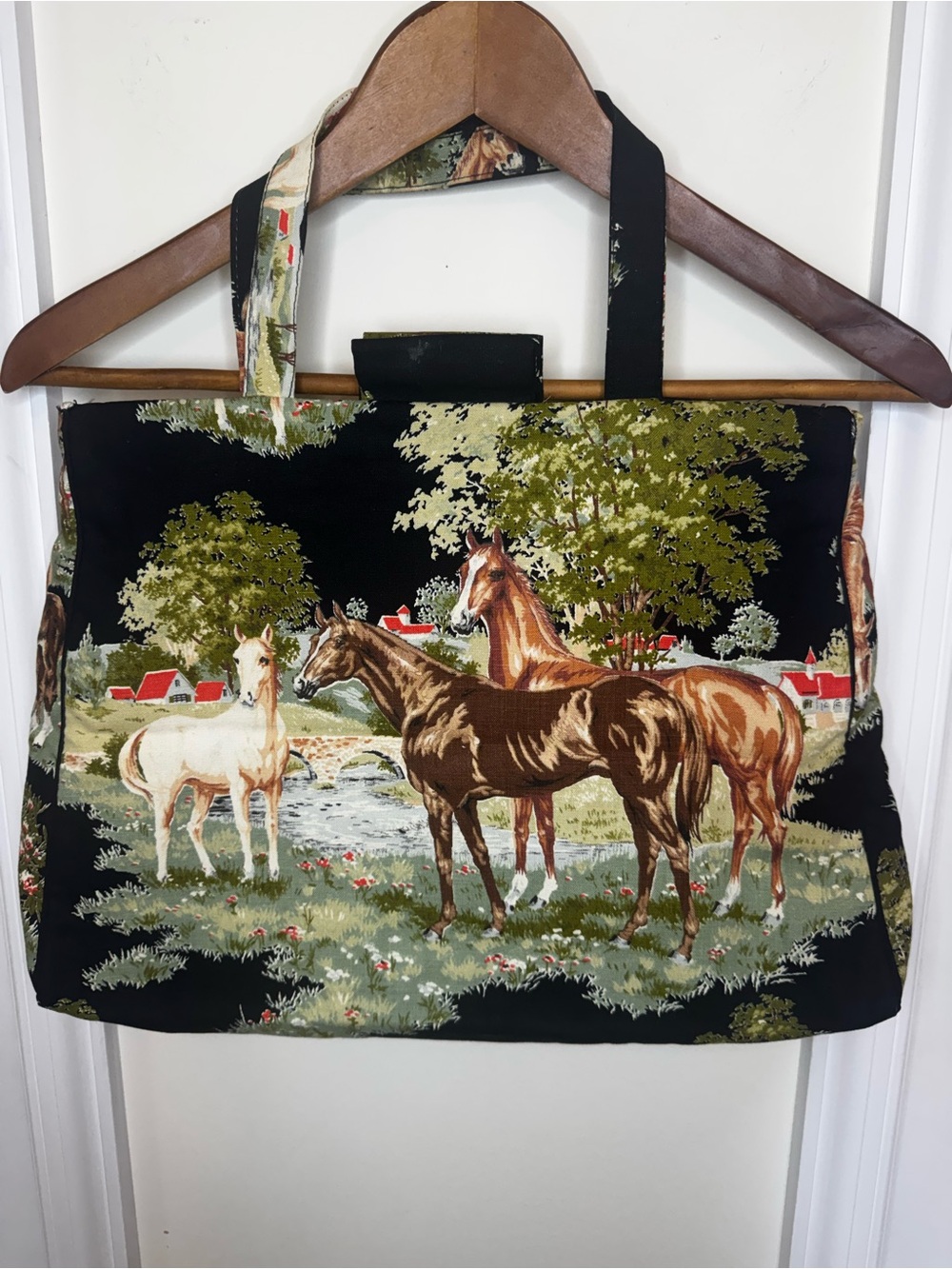 Vintage Horse Scene knitting Bag in Black and Brown